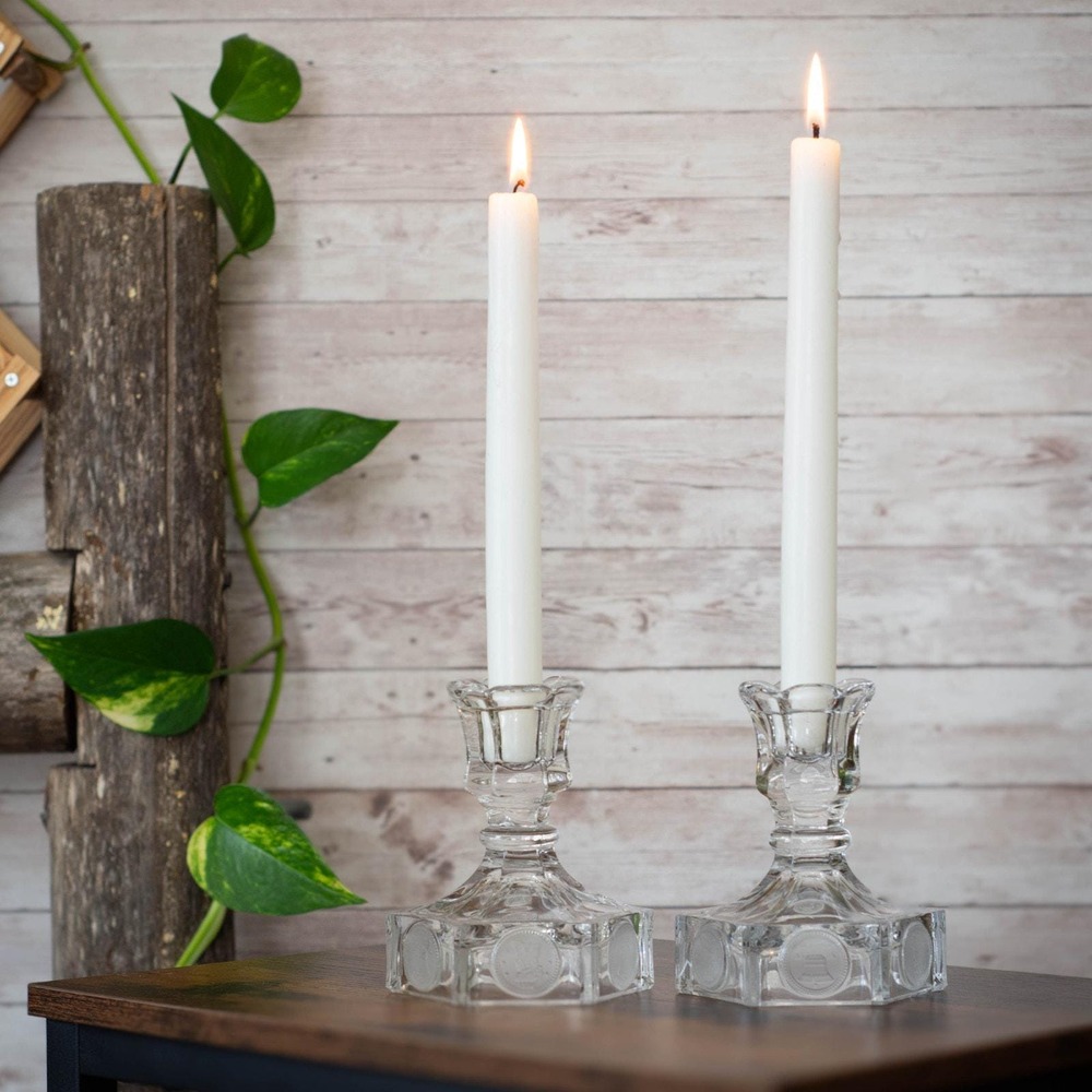 Glows! Pair of Vintage Fostoria Clear Coin Glass Candlesticks: UV Reactive